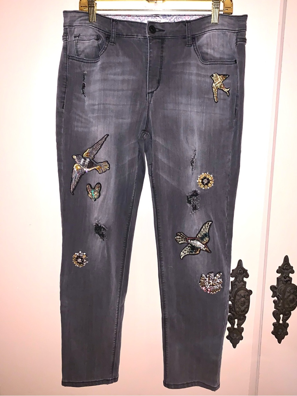 Embellished Distressed Black Women’s Jeans with Bird & Floral Patches